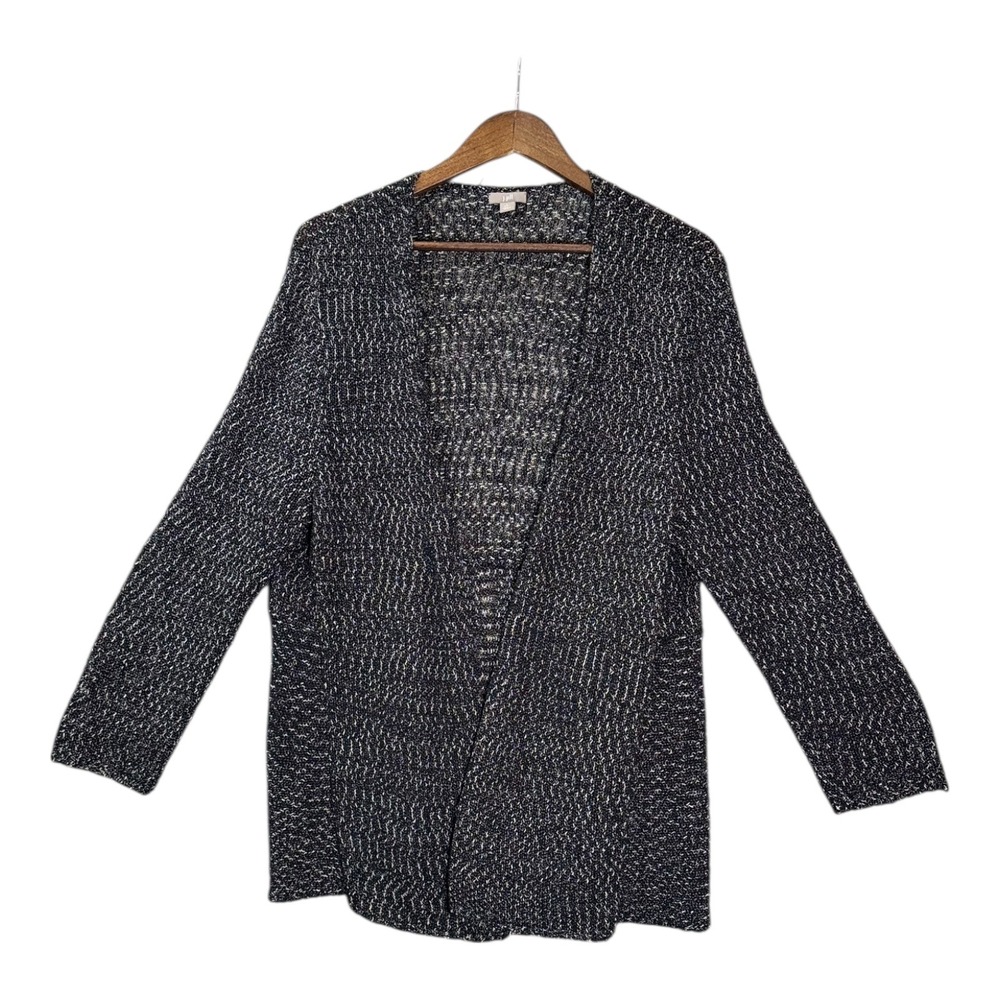 J Jill Womens Open Front Cardigan‎ Petite L Black Silver Marled Open Knit Layer